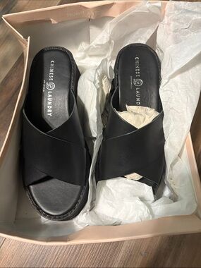 Chinese Laundry Black Crisscross Slide Mules